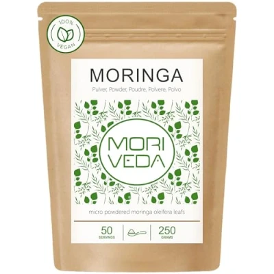 Imagen de MoriVeda Moringa Oleifera hoja en polvo 250g, PREMIUM PLUS I Contiene Moringa, vitamina C dosis altas, proteínas y aminoácidos Ayurveda, Vegano sin gluten 1 x 250g