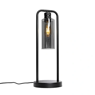 Imagen de Qazqa Moderno Lámpara de mesa moderna negra con cristal ahumado Stavelot Acero/Alargada Adecuado para LED Max. 1 x 40 Watt