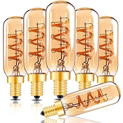 Imagen de T25/T8, bombilla LED de filamento flexible 3W, reemplazo incandescente 25 vatios 2200K (blanco súper cálido) E14 base tornillo tinte dorado forma tubo corto, regulable (paquete 6)