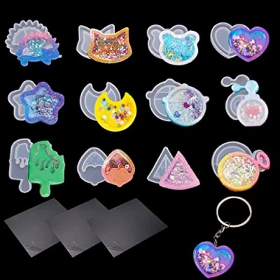 Imagen de FineInno 9 Piezas Moldes de Resina Joyería,Shaker Resin Molds,Molde Silicona Arenas Movedizas con 3 pcs PVC Sheets,DIY Epoxi