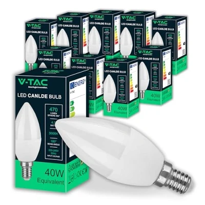 Imagen de V TAC 10x Bombillas LED Vela E14 4,5W (Equivalente a 40W) 470 Lumen 3000K Blanco Cálido Apertura del Haz de Luz 180 Bombilla Máxima Eficiencia y Bajo Consumo