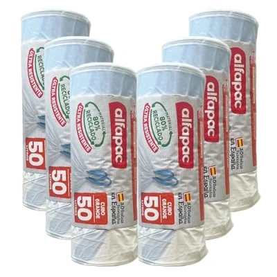 Imagen de 80% reciclado 6 rollos de 10 bolsas basura (60 bolsas) 50L, Ultra resistentes, Triple capa, Antigoteo, autocierre blancas