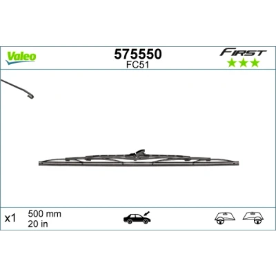Imagen de Limpiaparabrisas Valeo First 575550 500mm Estándar sujeción por gancho PEUGEOT: 306 Hatchback, Expert I, 106 II HONDA: CIVIC 6 Hatchback