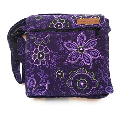 Imagen de Bolso de hombro algodón para mujer, estilo étnico indio, Boho Maliprint bolsa con solapa. Hippie bohemio (Purple)