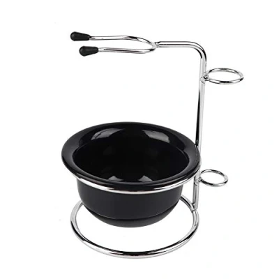Imagen de soporte de cepillo afeitar con tazón, Juego cuenco para afeitar, brocha acero inoxidable maquinilla y negro