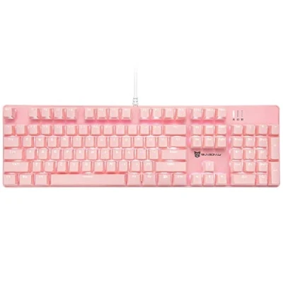 Imagen de Mecool teclado mecánico para juegos con cable, retroiluminado blanco, interruptores rojos, tamaño completo, 104 teclas, diseño de EE. UU., color rosa
