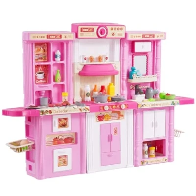Imagen de VEVOR Cocina de Juguete para Niños 3 en 1 Cocinita Infantil Simulación con Spray Simulado Sonido Luz 74 ​​Piezas Accesorios Niños, Preescolares, a 8 Años, Rosa