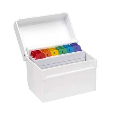 Imagen de OSCO Caja de índice plástico blanco brillante Regular Pestañas divisoras la a Z 100 Tarjetas Notas forradas incluidas (6 x 4 pulgadas) flash revisión rayadas