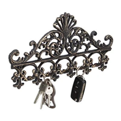 Imagen de relaxdays Iron Coat Racks Perchero Pared, Colgador Llaves, 5 Ganchos, Barroco, Rústico Vintage, Hierro Fundido, 17 x 35 3,5 cm, Bronce