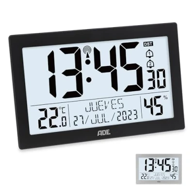 Imagen de ADE Reloj Digital de Pared Grande Despertador Inteligente con Temperatura y Humedad Cocina, Salon, Dormitorio radiocontrolado luz para Mayores Pilas Plata