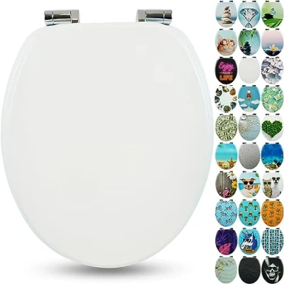 Imagen de Sanfino® Premium Tapa de WC con descenso automático asiento inodoro madera, muchos motivos coloridos y decorativos, cómodo, montaje fácil instrucciones incl. &quot;White&quot;