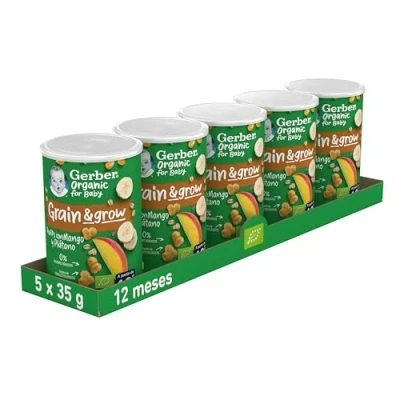Imagen de Gerber Organic Snack Maíz y Avena con Mango, desde 12 meses, 5 Latas de 35 g