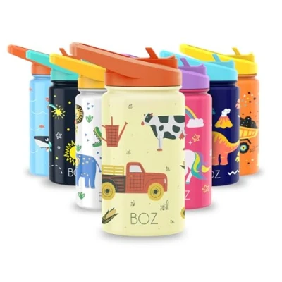 Imagen de BOZ Botella de agua aislada para niños con tapa popote, taza doble pared acero inoxidable, 414 ml, resistente a los arañazos, bonita impresión y asa transporte, sin BPA apta