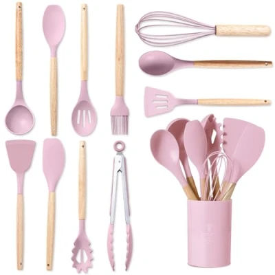 Imagen de BASVII 12 Piezas Juego de Utensilios Cocina Silicona, Fabricado en Silicona y Mangos Madera, Resistente al Calor Antiadherente, Apto para Todas Las Ollas Sartenes (Rosa)