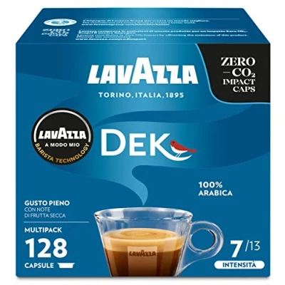 Imagen de Lavazza A Modo Mio Dek cremoso, 128 cápsulas de café, para un espresso descafeinado con notas almendras y confitadas, 100% arábica, intensidad 7/13, tostado medio, 8 paquetes x 16