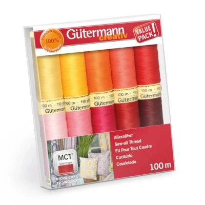 Imagen de Gutermann Creativ Coselotodo Juego de 10 bobinas 100 m, 100% poliéster, para coser a mano y máquina, universales, amarillo, rosa rojo