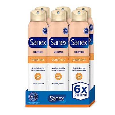 Imagen de Sanex Dermo Sensitive Desodorante Spray, Pack 6 Uds x 200 ml, Antitranspirante, hasta 24H de Protección Contra el Sudor y Olor, Suave con la Piel Sensible, Restaura pH Natural