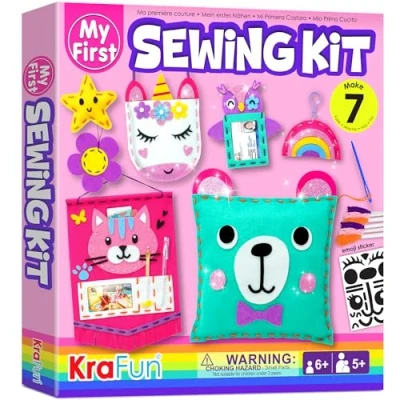Imagen de KRAFUN My First Kit de Costura para niños, Principiantes en Artes y Manualidades, Incluye 6 muñecas Proyecto fácil, Almohadas, Instrucciones Materiales Fieltro Aprender a Coser Bordar