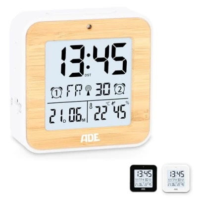 Imagen de ADE Reloj Despertador radiocontrolado Digital con Pila Inteligente 2 Horas de Alarma termómetro e higrómetro Viaje Blanco