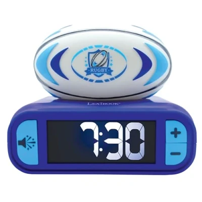 Imagen de LEXIBOOK, Rugby Rubgy Despertador con luz Nocturna, Sonidos y Melodías, Pantalla LCD Retroiluminada, Luminoso, Snooze, Azul/Blanco, RL800RG