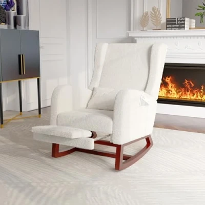 Imagen de MIOSUT silla mecedora con reposapiés, reclinable, cojín Lumbar Rocking Chair bolsillo lateral y reposabrazos, basculante dormitorio (Sherpa, blanco roto)