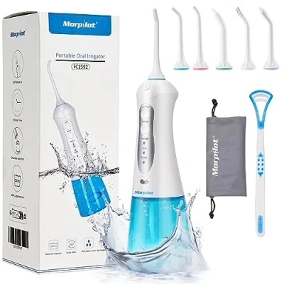 Imagen de morpilot Batería Irrigador Dental Profesional Portátil 300ml, Bucal Recargable Impermeable IPX7 Y 3 Modos, 6 Recambios Accesorios de Irrigadores Dentales Azul Blanco
