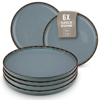 Imagen de Set de Platos Gres Rustic para Desayuno y Postre Juego 6 Elegantes Resistentes, Aptos Lavavajillas Teller Pequeños Ensalada Pastel Pure Living en Color azul humo