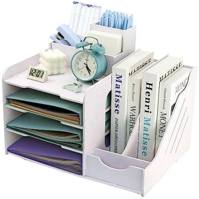Imagen de 4 Niveles a4 Organizador Escritorio Papeles, Bandejas Oficina Apilables en Malla Metalicas con Portalapices Escritorio, de Archivos, Bandeja Organizadors para Hogar