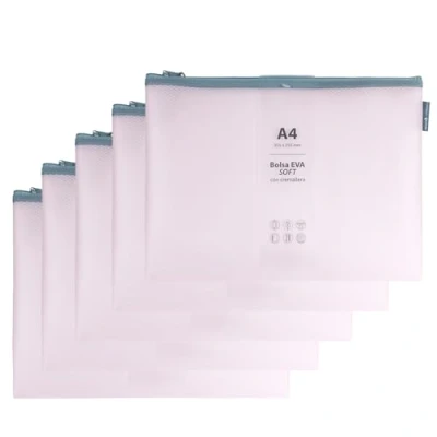 Imagen de Grafoplas Pack de 5 Bolsas con Cremallera EVA Soft a4, Rosa Pastel, Tacto Suave, Zipper Bags Hechas Goma Transparente, Ideal para Transportar y Proteger Todo Tipo Artículos Documentos