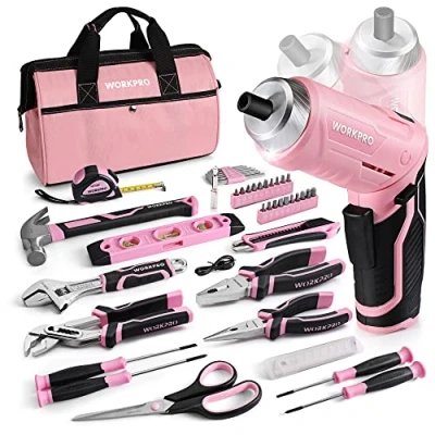 Imagen de WORKPRO Kit de Herramientas con Destornillador Eléctrico, 53 Piezas Bolsa Rosa Portátil, Duraderas y Resistentes, Perfecto para Bricolaje, Mantenimiento del Hogar