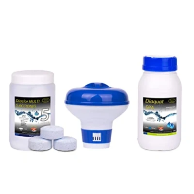 Imagen de Kit Cloro Piscinas Pequeñas DIACLOR Multi 5 ACCIONES 500 GR (Pastillas 20 GR) SIN Cobre + Antialgas DIAQUAT SPA ML DOSIFICADOR