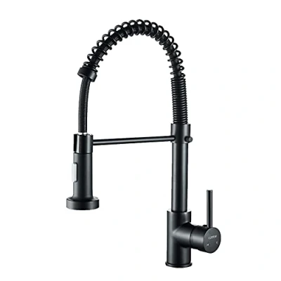 Imagen de grifo de cocina con pulverizador extraíble, fregadero cuello cisne arco alto, mezclador acero inoxidable una sola manija (negro), KC05T023
