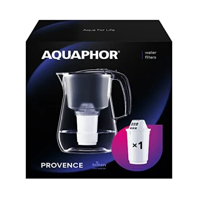 Imagen de AQUAPHOR Jarra de Filtro Agua Provence Negro para Encimera, Capacidad 4.2L, 1 X A5 incluido, Reduce Cal, Cloro y Microplásticos, Ideal Familias, con Efecto Vidrio
