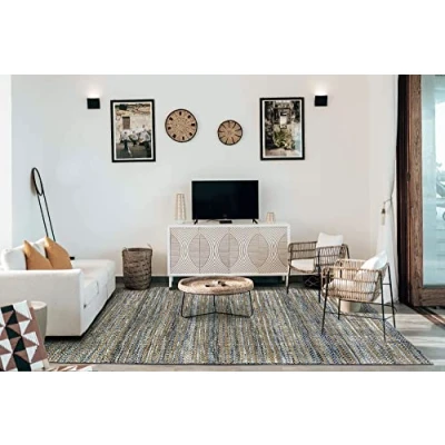 Imagen de HAMID Alfombra Yute Lana Olivia, y Yute, Tejida a Mano para Salon, Dormitorio, Sala de Estar Color Azul Jaspeado, (80x150cm)