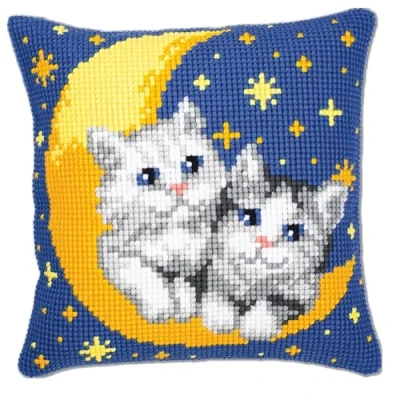 Imagen de VERVACO Punto De Cruz Kit Cojin Decorativo Gatos EN LA Luna Bordado, Tela, Colores Variados, ca. 40 x cm / 16&quot;