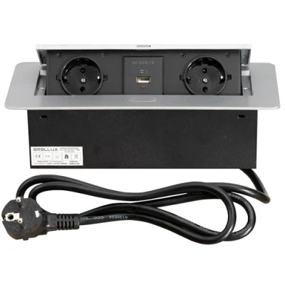 Imagen de BROLLUX Enchufe empotrable retráctil de 2 enchufes con USB y USBC plateado apertura suave aluminio fundido por inyección 1,5 m cable conexión
