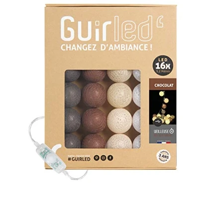 Imagen de GuirLED Guirnalda luminosa bolas de algodón LED USB Luz noche para bebé 2h Adaptador corriente dual 2A incluido 3 intensidades 16 1,6m Chocolate