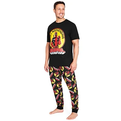 Imagen de Marvel Pijama Hombre Verano, Pijamas Divertidos, Conjunto 2 Piezas Camiseta Manga Corta y Pantalón Tallas S 3XL Algodón Superhéroes Deadpool Avengers (Negro, XL)