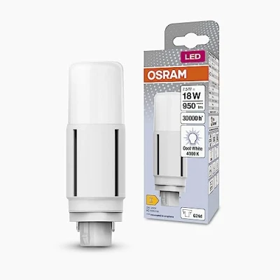 Imagen de OSRAM DULUX LED D18 VT EM, G24D, 7,5 W, 950 lm, 4000 K, color luz blanco frío, para aplicaciones verticales gracias a un ángulo de haz 300 grados, vida útil larga, sin tiempo calentamiento
