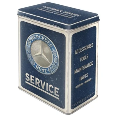 Imagen de Nostalgic Art Caja de almacenamiento retro l, 3 Mercedes Benz Service Emblem Blue Idea regalo para fans Benz, Official License Product (OLP), lata grande café, diseño vintage