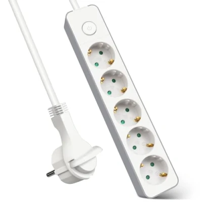 Imagen de EXTRASTAR Regleta Enchufe con 5 Tomas, Alargador Interruptor, 3 m, para El Hogar, La Oficina y Los Viajes, 3680W, 3G*1.5mm², Blanco, 1pc