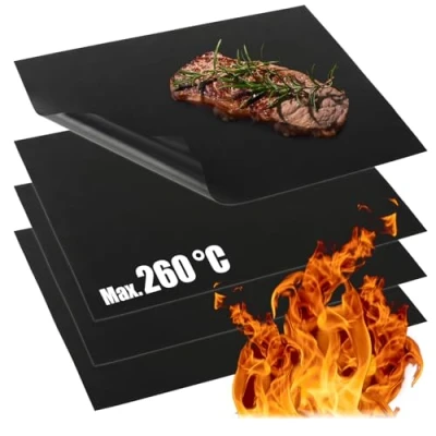 Imagen de COM FOUR® 4x Tapete para Parrilla Barbacoa Hecho de Teflón Hornear Resistente al Calor Lámina Antiadherente y (4 piezas negro)