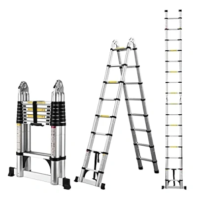 Imagen de Escalera telescópica de Aluminio, 5 Metros, Plegable, Multiusos, Extensible, Carga máxima: 150 kg, Color Plateado