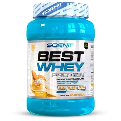 Imagen de Best whey protein 100% protein, proteinas para el desarrollo muscular masa con aminoácidos + isolate 907 g (Galletas nata)