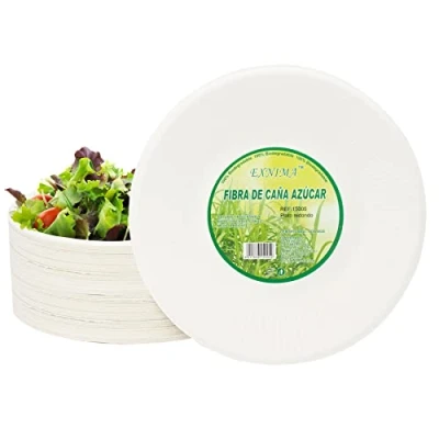 Imagen de EXNIMA, Pack 50, 100, 200, 500 o 1.000 Platos Desechables Biodegradables, Hechos de Fibra Caña Azúcar, Natural, 100% Biodegradable, Redondo, Planos, para Comidas, Barbacoa, Fiestas, Cumpleaños.