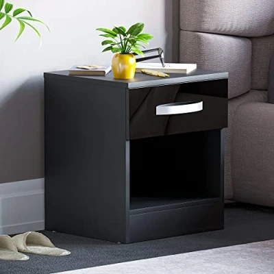 Imagen de Vida Designs Mesitas de noche alto brillo, mesita (negro, 1 cajón)