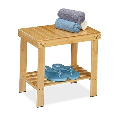 Imagen de Relaxdays Banco de Baño Bambú, Taburete Pasillo con Balda Adicional, 45,5 x 48 25 cm, Soporte Macetas, Natural