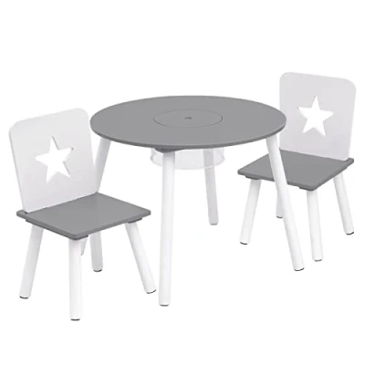 Imagen de WOLTU 3 uds. Grupo de Asientos para Niños Mesa Redonda y 2 Sillas en Edad Preescolar Muebles 59.5 cm(φ) x 46 cm Blanco+Gris SG012