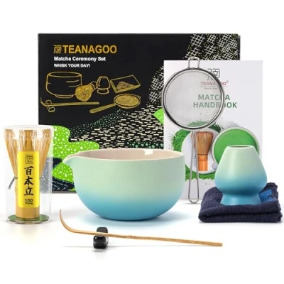 Imagen de Juego de té japonés (7 piezas) batidores matcha Tazón con pico Batidor bambú (Chasen) Cuchara (Chashaku). N31, Azul degradado