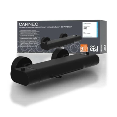Imagen de EISL CARNEO 1330090B grifo mezclador para bañera con regulación termostática, color negro mate, caño cascada, bloqueo de seguridad a 38 C, la bañera, mate